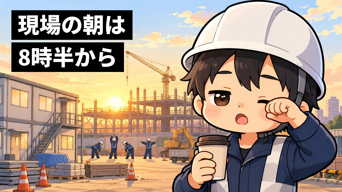 朝焼けの建設現場の仮設事務所の前で、ヘルメットと作業服の若い男性社員が、紙コップのコーヒーを持って眠い目をこすり、小さくあくびをかみ殺している。「現場の朝は8時半から」の文字。