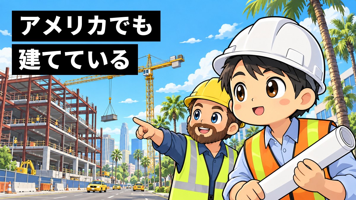 アメリカの街の建設現場で、ヘルメット姿の日本人の若い男性社員が、隣の外国人の同僚が指さす鉄骨のビルを、身を乗り出して夢中で見ている。「アメリカでも建てている」の文字。