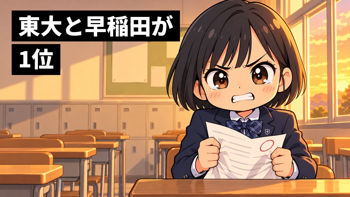 夕方の教室で、制服の女子中学生が返ってきたテストの答案を握りしめ、悔しくて歯を食いしばっている。「東大と早稲田が1位」の文字。