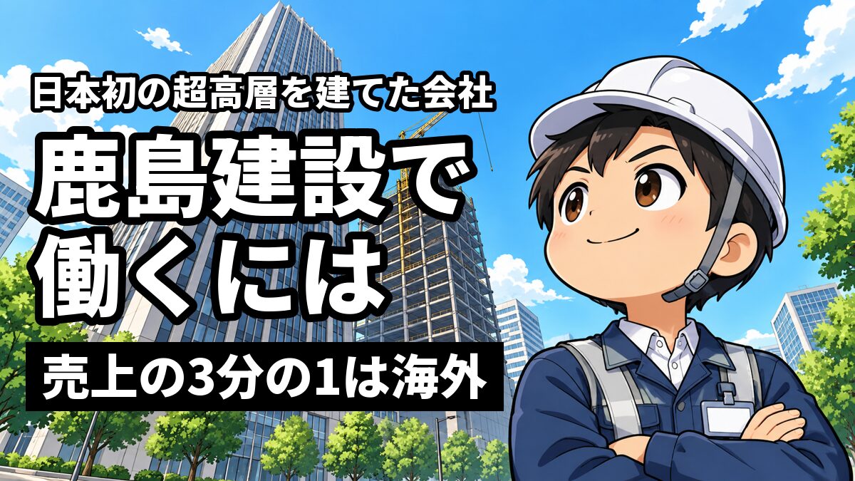 青空にそびえる超高層ビルのふもとで、白いヘルメットと作業服の若い男性の技術者が、腕を組んで自信たっぷりにビルを見上げている。「日本初の超高層を建てた会社」「鹿島建設で働くには」「売上の3分の1は海外」の文字。