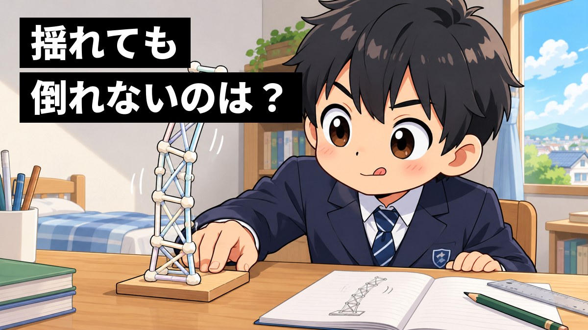 自分の部屋の机で、制服の男子中学生が、ストローと粘土で作った細長い塔の模型を下の板ごとそっと揺らし、どう揺れるかを夢中で観察している。「揺れても倒れないのは?」の文字。