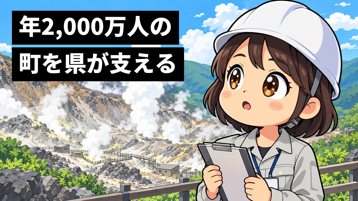 箱根の大涌谷で、白い湯気が噴き上がる山の斜面を背に、ヘルメットをかぶった作業着の若い女性職員が、クリップボードを持って目を輝かせて見上げている。「年2,000万人の町を県が支える」の文字。