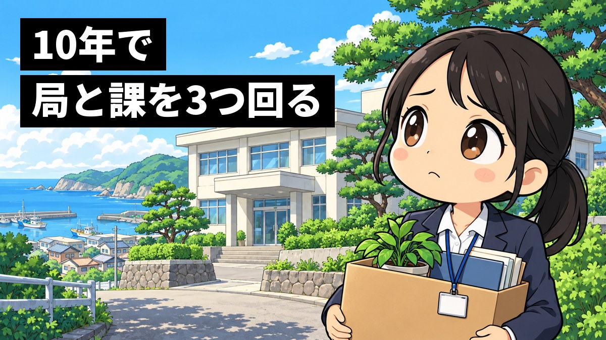 海沿いの町の小さな県の出先事務所の前で、段ボール箱を抱えたスーツ姿の若い女性職員が、少し心細そうに建物を見上げている。「10年で局と課を3つ回る」の文字。