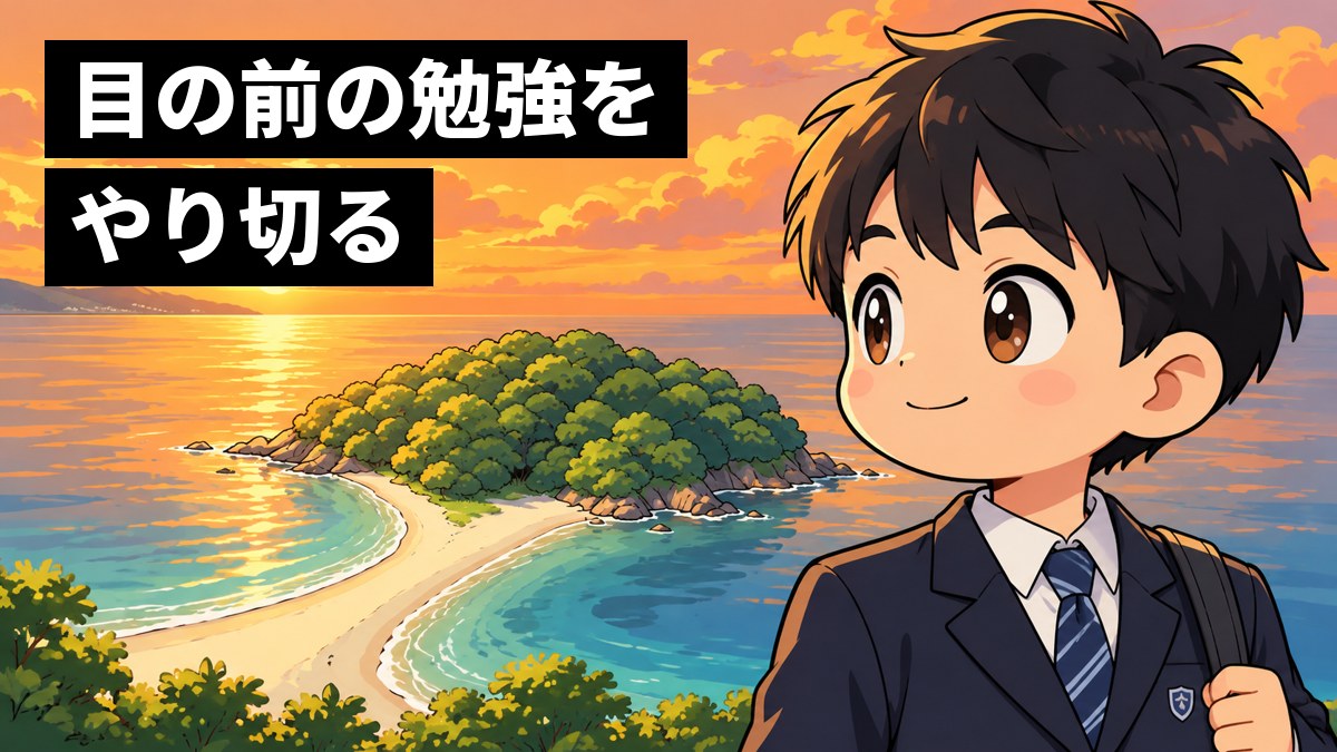 夕方の館山の海辺で、制服の男子中学生がかばんを肩にかけ、オレンジ色の海と遠くの半島を見ながら、満足そうな笑顔を浮かべている。「目の前の勉強をやり切る」の文字。