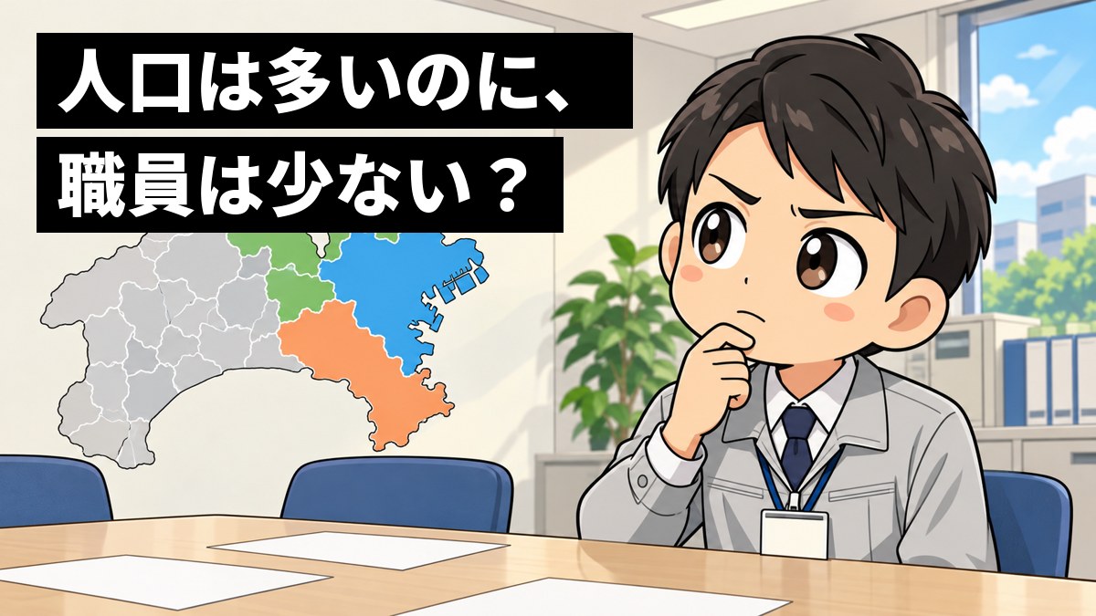 役所の会議室で、作業着の若い男性職員が、3つの大きな色の区切りと周りの小さな町が描かれた県の地図を前に、眉を寄せて首をかしげている。「人口は多いのに、職員は少ない?」の文字。