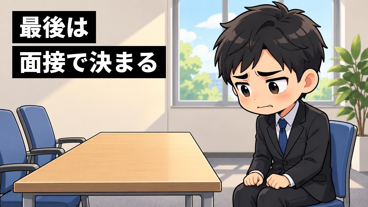 大学の小さな面接練習室で、リクルートスーツの男子大学生が、言葉に詰まって悔しそうに唇をかみしめ、ひざの上でこぶしを握っている。「最後は面接で決まる」の文字。
