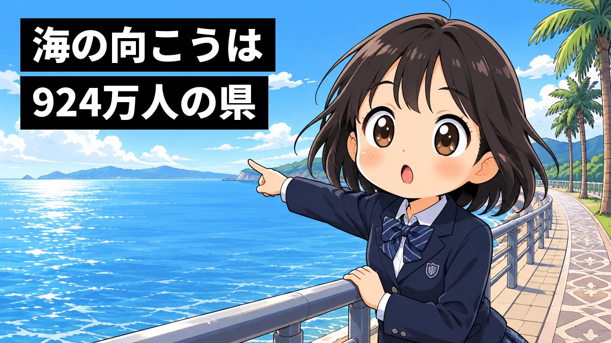 館山の海辺の遊歩道で、制服の女子中学生が手すりに手をかけ、東京湾の向こうにうっすら見える三浦半島を、目を丸くして見ている。「海の向こうは924万人の県」の文字。