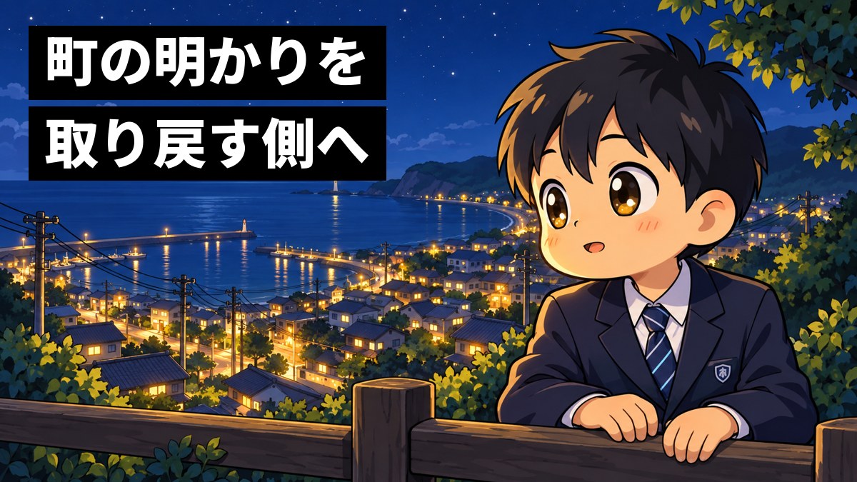 夜、海辺の町を見下ろす高台で、制服の男子中学生が、家々に灯る明かりと電柱の列を見下ろして、目を輝かせている。「町の明かりを取り戻す側へ」の文字。