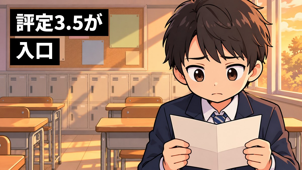 夕方の高校の教室で、ブレザーの制服の男子高校生が、成績表を両手で持ち、眉を下げて心配そうに見つめている。後ろの壁には掲示物とロッカー。「評定3.5が入口」の文字。