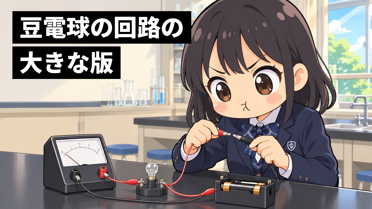 理科室で、制服の女子中学生が、電池と豆電球と電流計をつないだ回路の前で、豆電球がつかずにむっとした顔で導線をつなぎ直している。「豆電球の回路の大きな版」の文字。