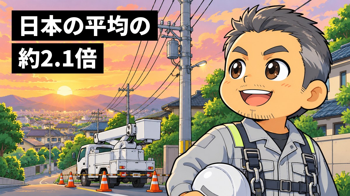 朝焼けの空の下、工事を終えたばかりの電柱のそばで、作業着の中年の男性の技能者が、白いヘルメットを片手に持って、やり切った満面の笑顔を見せている。「日本の平均の約2.1倍」の文字。