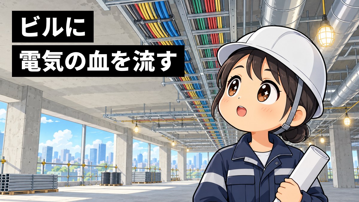 工事中のビルの中で、天井にむき出しの電線の束と空調のダクトが走っている。白いヘルメットに作業着の若い女性の技術者が、図面を小脇にはさんで、天井を見上げて目を輝かせている。「ビルに電気の血を流す」の文字。