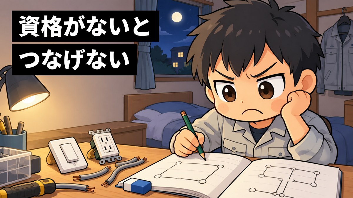 夜、独身寮の小さな部屋の机で、作業着のままの若い男性が、電気の回路図の問題集をにらみ、悔しそうに口をへの字に曲げている。机の上には電線とスイッチの練習の部品。「資格がないとつなげない」の文字。