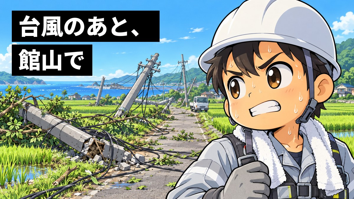 台風が過ぎた夏の昼、田畑の中の農道で、倒れた電柱が何本も連なっている。白いヘルメットに作業着の若い男性の電気工事の技術者が、汗だくで疲れた顔のまま歯を食いしばっている。「台風のあと、館山で」の文字。