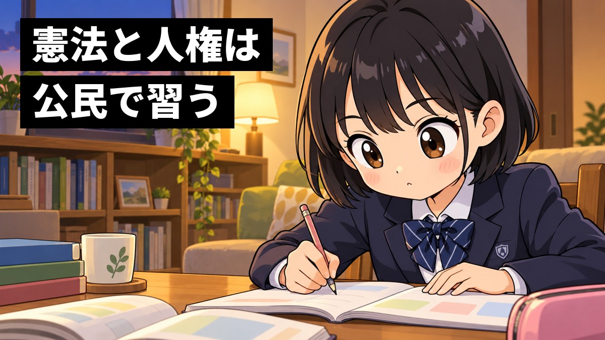 夕方のリビングの机で、制服の女子中学生が教科書を開き、夢中になってノートに書き込んでいる。「憲法と人権は公民で習う」の文字。