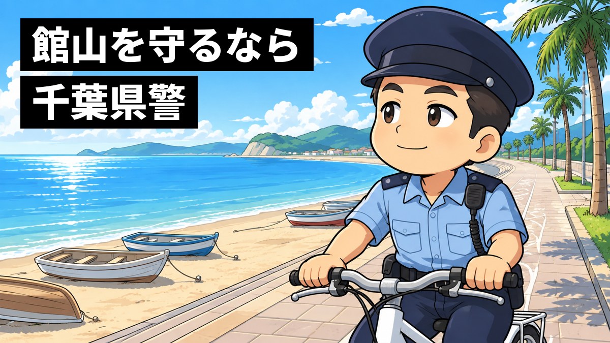 ヤシの木の並ぶ館山の海沿いの道を、制服の警察官が白い自転車で回りながら、潮風に気持ちよさそうに目を細めている。「館山を守るなら千葉県警」の文字。