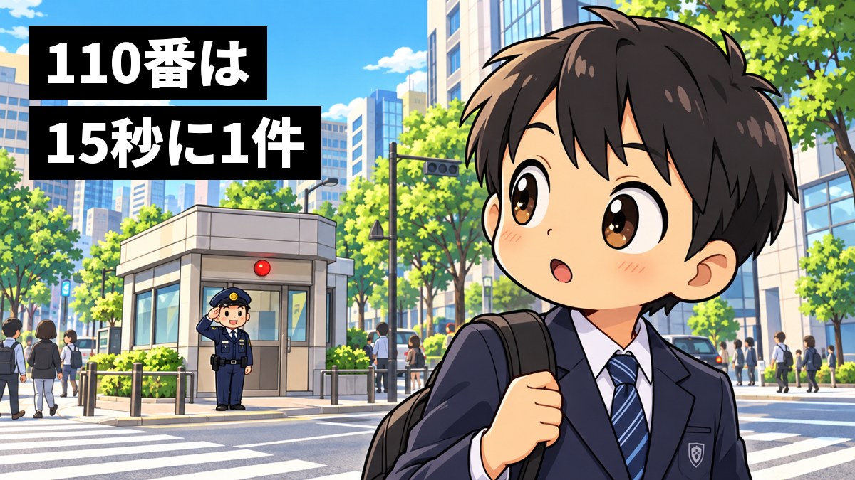 東京の街角で、制服の男子中学生が、奥の交番と警察官を振り返り、目を丸くしてわくわくしている。「110番は15秒に1件」の文字。