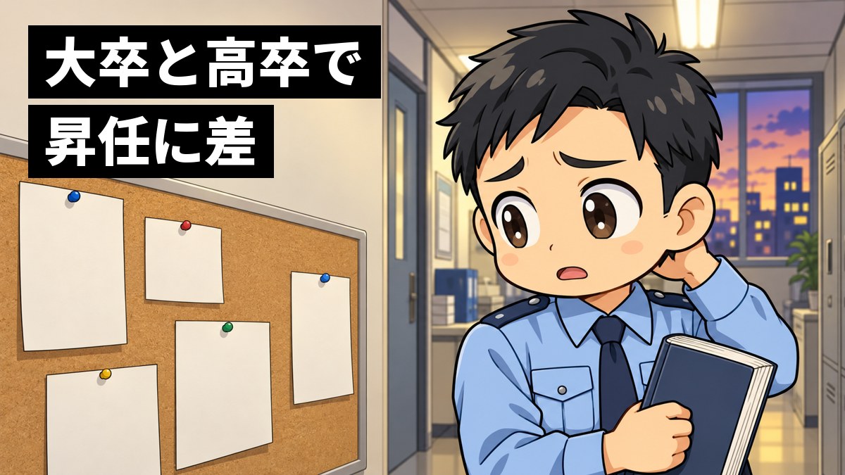 夕方の警察署の廊下で、制服の若い警察官が分厚い本を抱え、掲示板を見て、困ったように頭に手をやっている。「大卒と高卒で昇任に差」の文字。