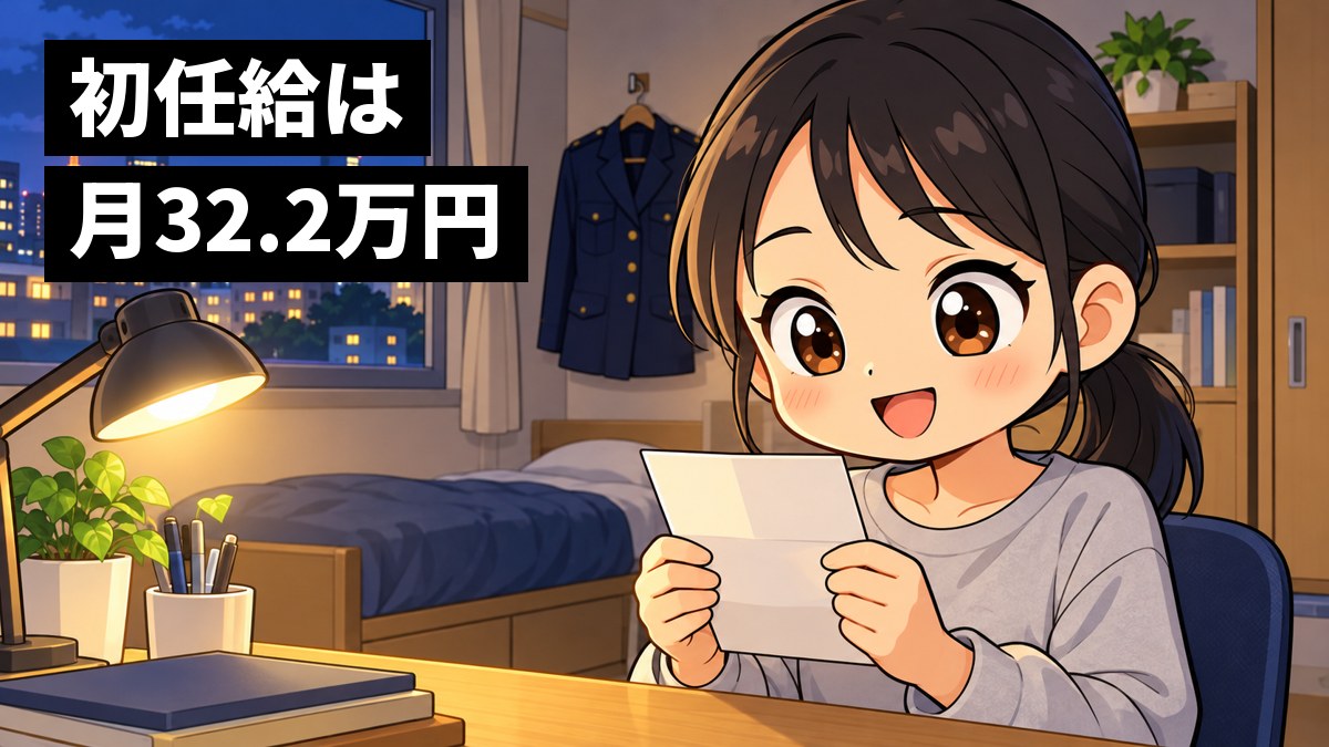 寮の部屋の机で、トレーナー姿の若い女性警察官が、初めての給与明細を両手に持ってほっと笑っている。窓の外は東京の夜景。「初任給は月32.2万円」の文字。