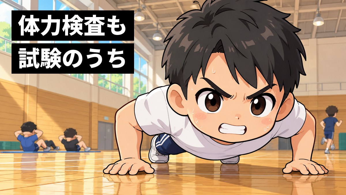 体育館の床で、Tシャツ姿の大学生が腕立て伏せをしながら、汗をかいて悔しそうに歯を食いしばっている。「体力検査も試験のうち」の文字。
