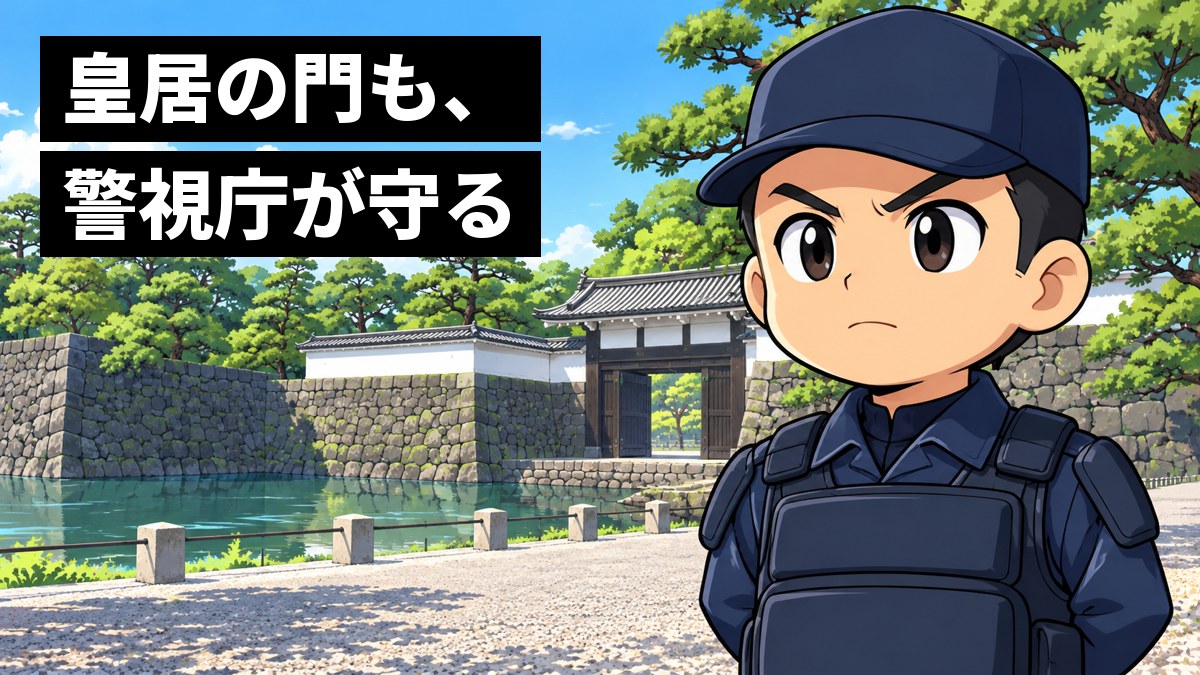 皇居のような石垣と堀、白い門の前で、紺の制服の警察官が手を後ろに組み、険しい顔で前を見すえて立っている。「皇居の門も、警視庁が守る」の文字。