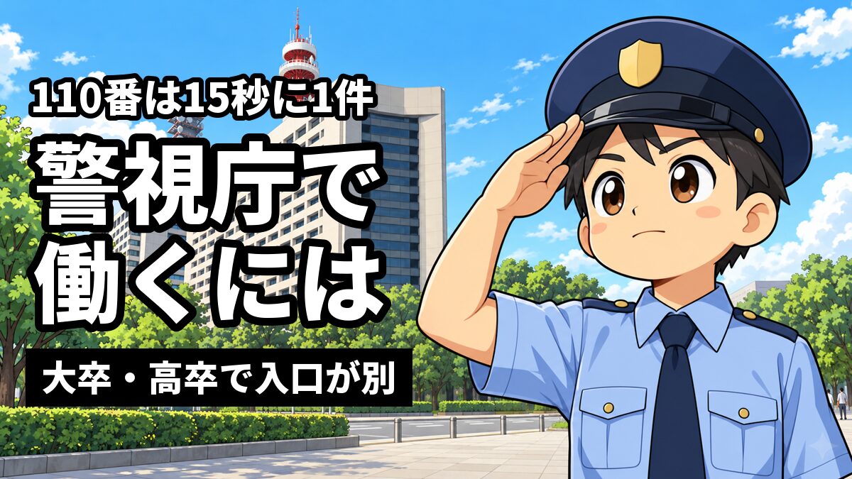 桜田門の警視庁本部の建物を背に、制服の若い男性警察官が、きりっとした顔で敬礼している。「警視庁で働くには」「大卒・高卒で入口が別」の文字。