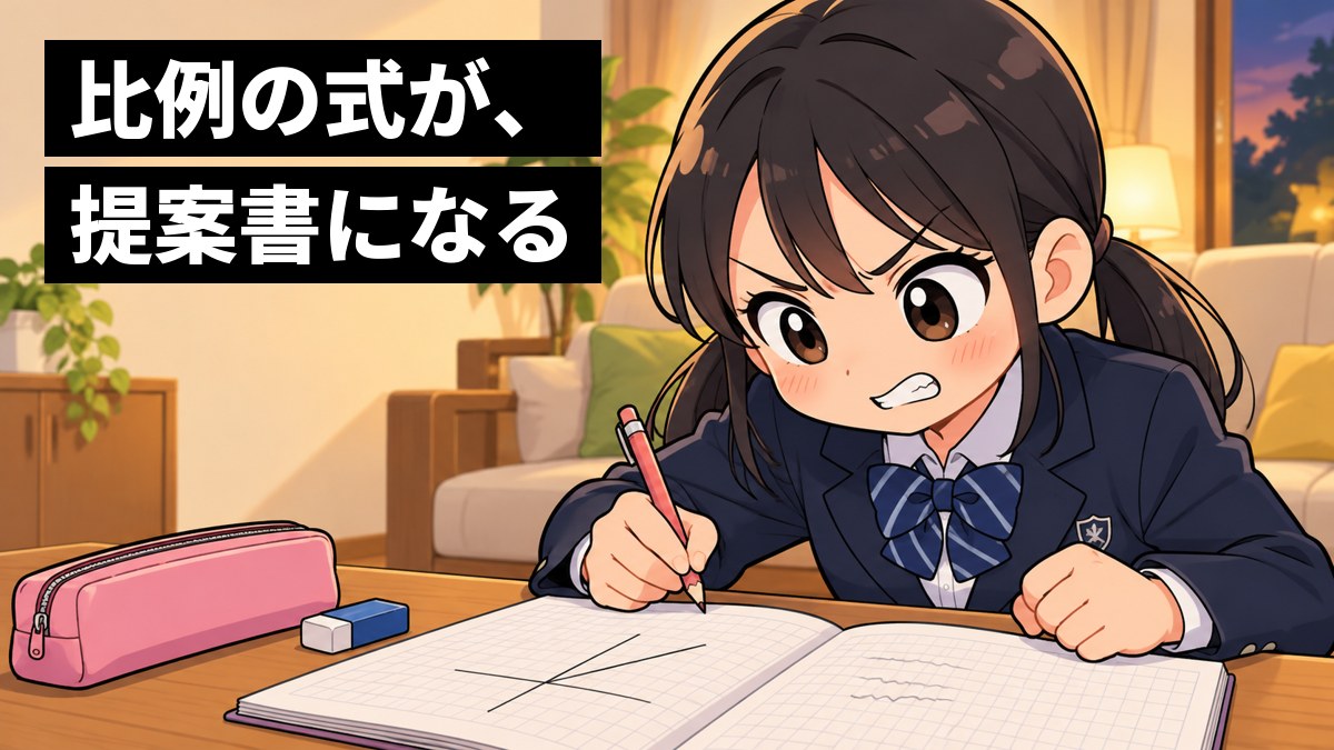 家のリビングのテーブルで、制服の女子中学生が、数学のノートの比例の問題に、悔しそうに歯を食いしばって向かっている。「比例の式が、提案書になる」の文字。