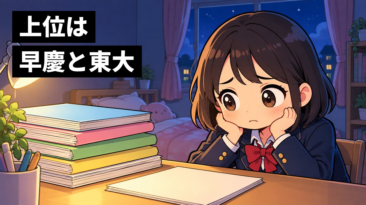 夜の自分の部屋で、ブレザーの女子高校生が、机に積んだ大学のパンフレットを前に、不安そうに途方にくれている。「上位は早慶と東大」の文字。