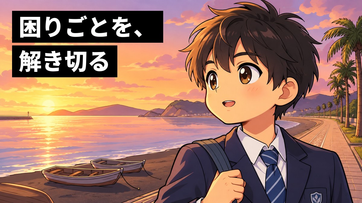 夕方の館山の海辺の遊歩道で、制服の男子中学生が、部活のかばんを肩に、遠くの海を見ながら目を輝かせている。「困りごとを、解き切る」の文字。