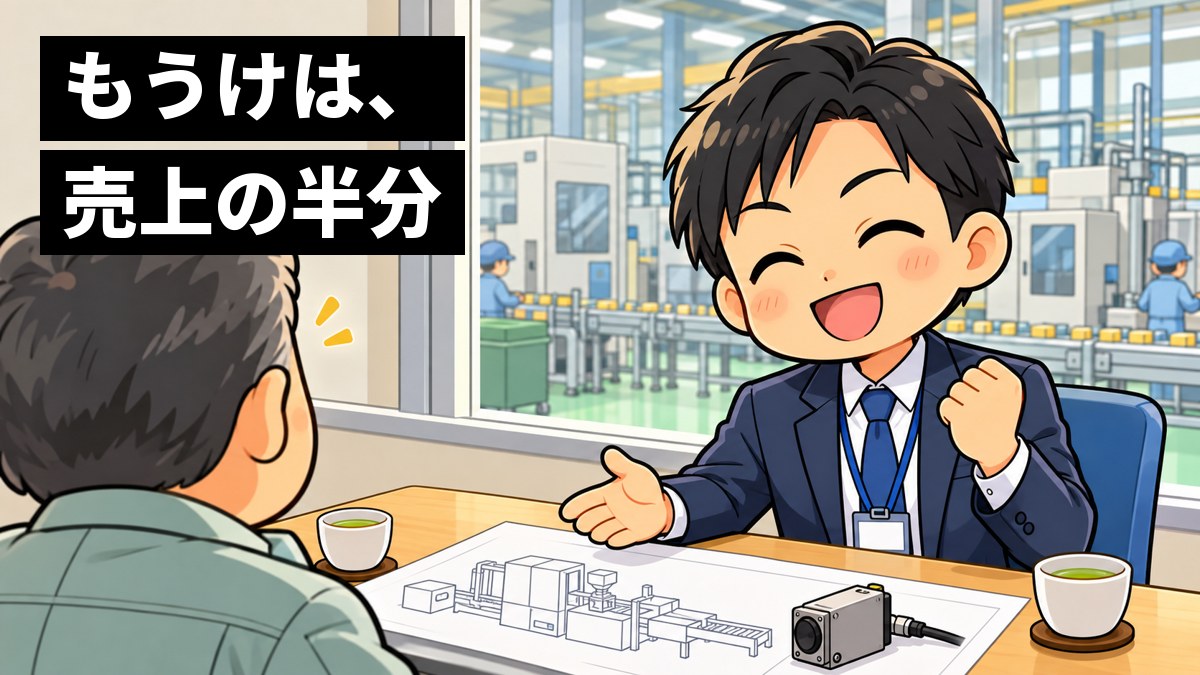 工場の打ち合わせ室で、スーツの若い男性の営業が、机の上の小さなセンサーと図面を前に、提案が決まって晴れやかに笑っている。「もうけは、売上の半分」の文字。
