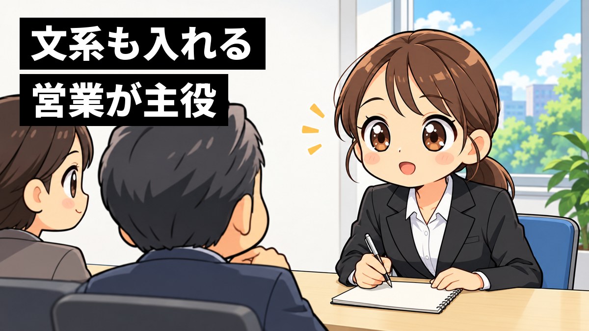 面接の部屋で、就活スーツの女子大学生が、面接官の話にワクワクして身を乗り出し、メモを取っている。「文系も入れる営業が主役」の文字。