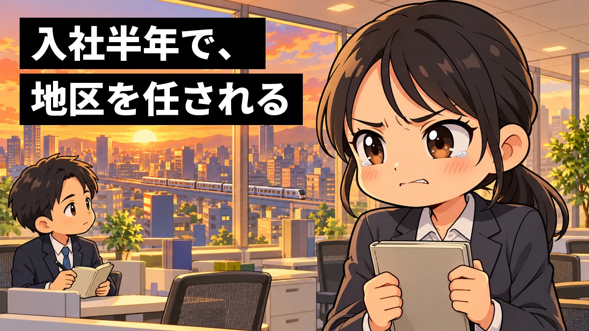 夕方の都会のオフィスで、スーツの若い女性の営業が、うまくいかなかった訪問を先輩とふり返りながら、悔しそうに唇をかんでいる。「入社半年で、地区を任される」の文字。