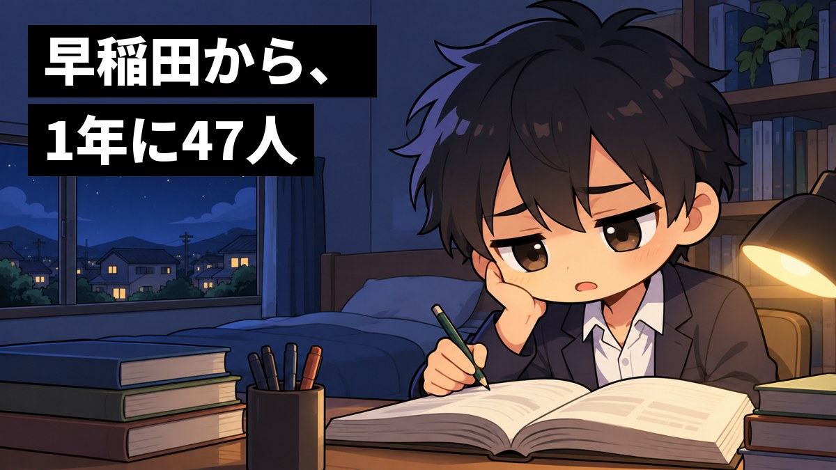 夜の自分の部屋で、ブレザーの高校生が、疲れて肩を落としながらも参考書を開いて机に向かっている。「早稲田から、1年に47人」の文字。