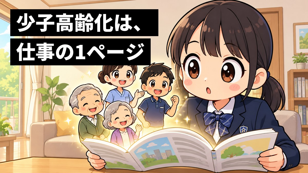 家のリビングで、制服の女子中学生が公民の教科書を開き、はっと気づいて目を丸くしている。教科書から、お年寄りと看護師・介護士の姿が浮かび上がる。「少子高齢化は、仕事の1ページ」の文字。