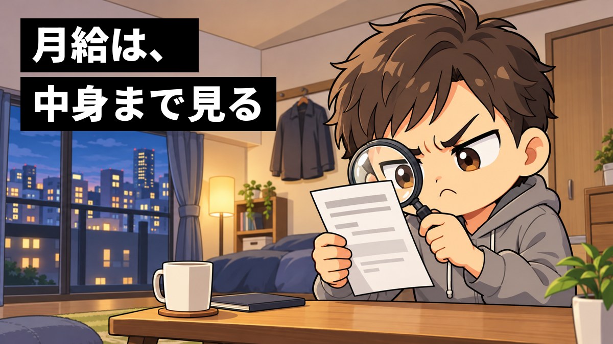 ワンルームの部屋で、若い男性の社会人が、虫めがねで給与明細をにらみ、眉間にしわを寄せている。「月給は、中身まで見る」の文字。