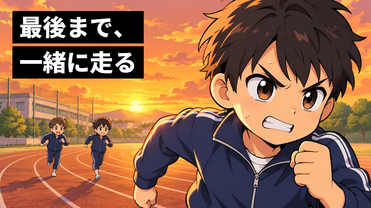 夕方の校庭のトラックで、ジャージの男子中学生が、歯を食いしばって前を見て走っている。後ろには一緒に走る仲間。「最後まで、一緒に走る」の文字。