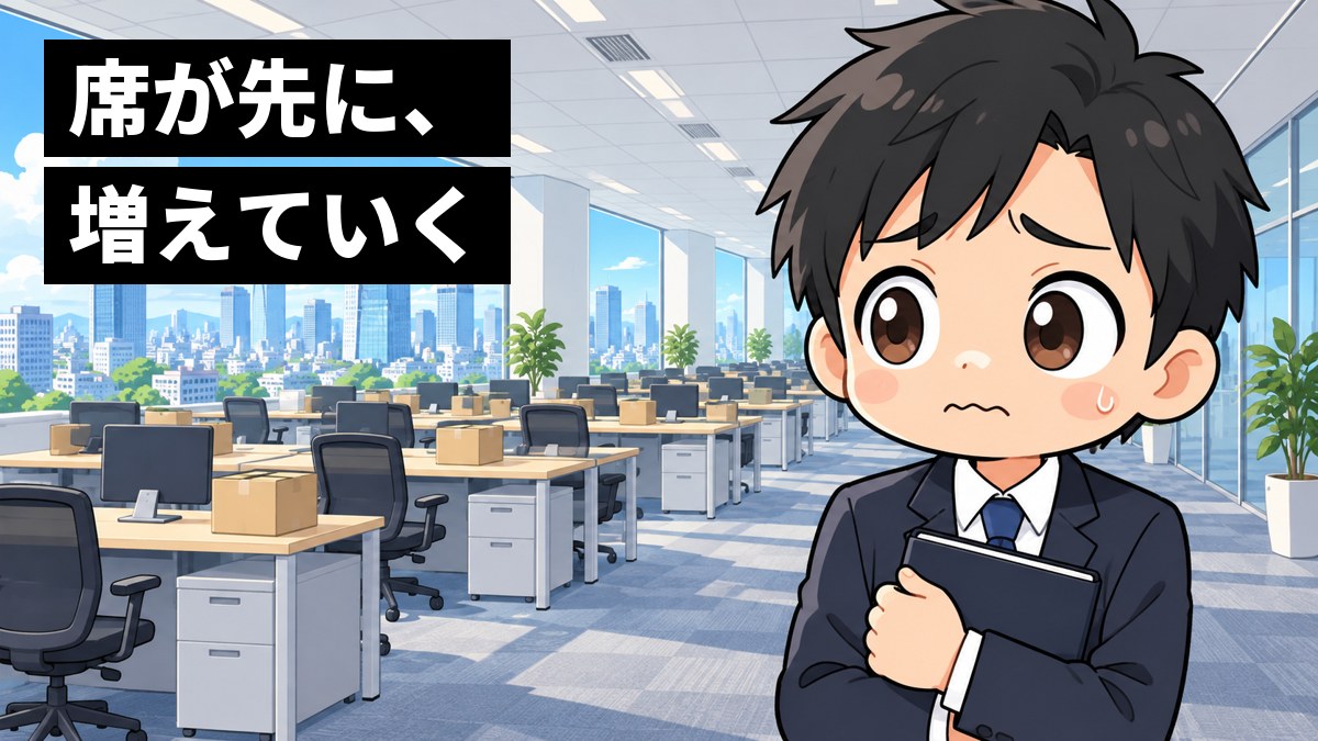 まだ誰も座っていない新しい机と椅子がずらりと並ぶ広いオフィスで、スーツの新入社員が不安そうに目を見開いて立っている。「席が先に、増えていく」の文字。