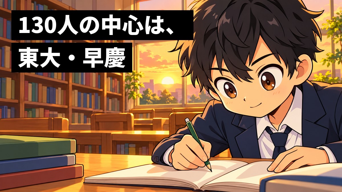 夕方の高校の図書室で、紺のブレザーの男子高校生が、英語の問題集とノートに夢中になって、ペンを走らせている。「130人の中心は、東大・早慶」の文字。