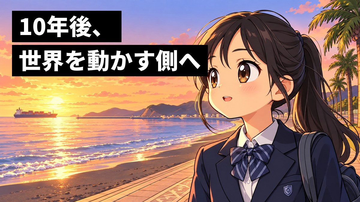 館山の海辺の遊歩道で、紺のブレザーの中学生の女の子が、沖を進む大きな船を見つめて、ワクワクした顔で胸をふくらませている。「10年後、世界を動かす側へ」の文字。