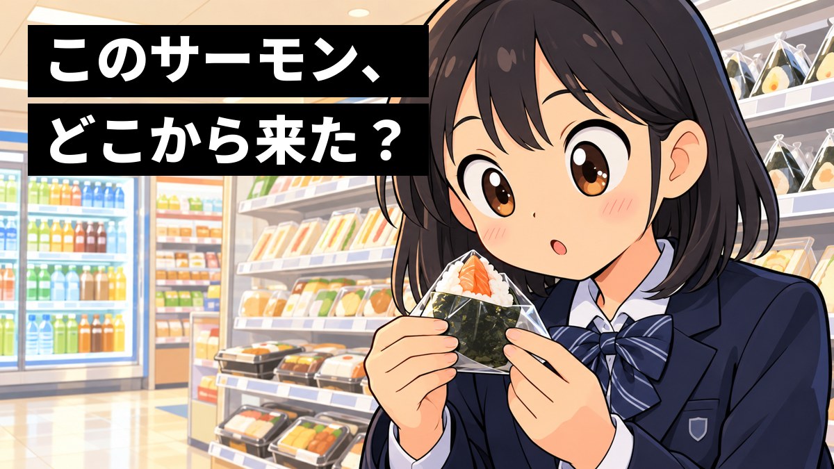 放課後のコンビニの棚の前で、紺のブレザーの中学生の女の子が、サーモンのおにぎりを手に取って、どこから来たのかと目を丸くしている。「このサーモン、どこから来た?」の文字。