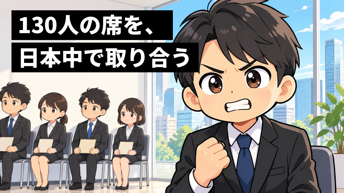 大きな会社の面接の控え室で、黒いリクルートスーツの男子大学生が、緊張に負けまいと歯を食いしばってひざの上でこぶしを握っている。後ろには順番を待つほかの学生たち。「130人の席を、日本中で取り合う」の文字。