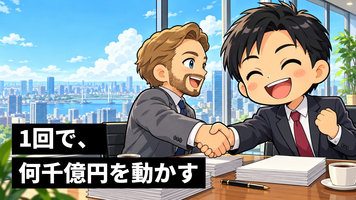 高層ビルの会議室で、スーツ姿の日本人の社員が、海外の会社の担当者とがっちり握手をして、晴れやかに笑っている。テーブルには契約書の束。「1回で、何千億円を動かす」の文字。