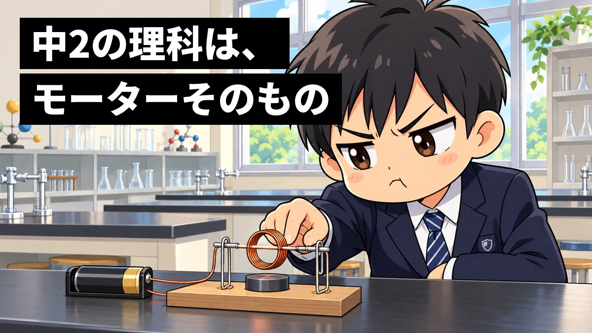 理科室で、制服の男子中学生が、乾電池とエナメル線のコイルで作った手作りのモーターが回らず、口をとがらせてむっとした顔で見つめている。「中2の理科は、モーターそのもの」の文字。