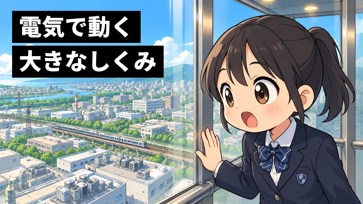 制服の女子中学生が、高いビルのガラス張りのエレベーターの中から、下に広がる街と電車の線路を見下ろし、目を丸くして驚いている。「電気で動く大きなしくみ」の文字。