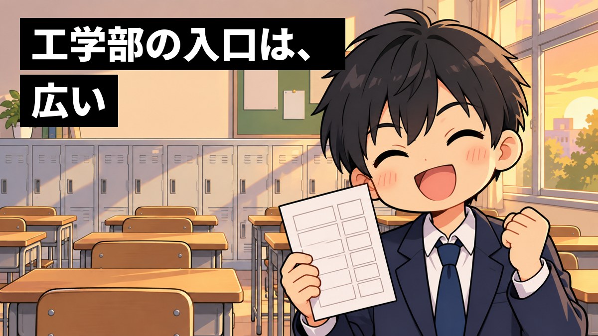 放課後の高校の教室で、ブレザー姿の男子高校生が、返ってきた成績表を片手に、もう片方の手でこぶしを握り、満面の笑みでガッツポーズをしている。「工学部の入口は、広い」の文字。
