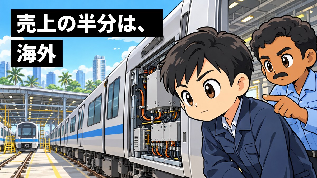 外国の地下鉄の車両基地で、作業着の若い日本人の男性の技術者が、インド人の仲間と並び、新しい銀色の電車を前に目を輝かせて身を乗り出している。「売上の半分は、海外」の文字。