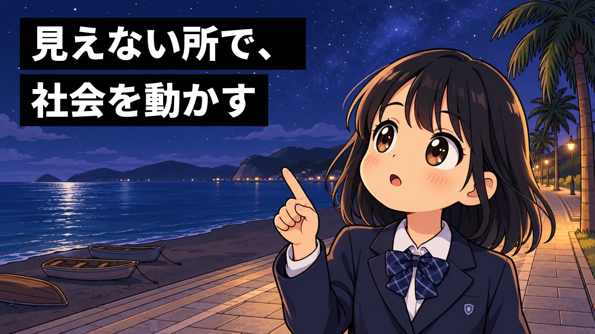 夜の館山の海辺で、制服の女子中学生が、星空をゆっくり横切る人工衛星の小さな光を見つけ、目を輝かせて見上げている。「見えない所で、社会を動かす」の文字。