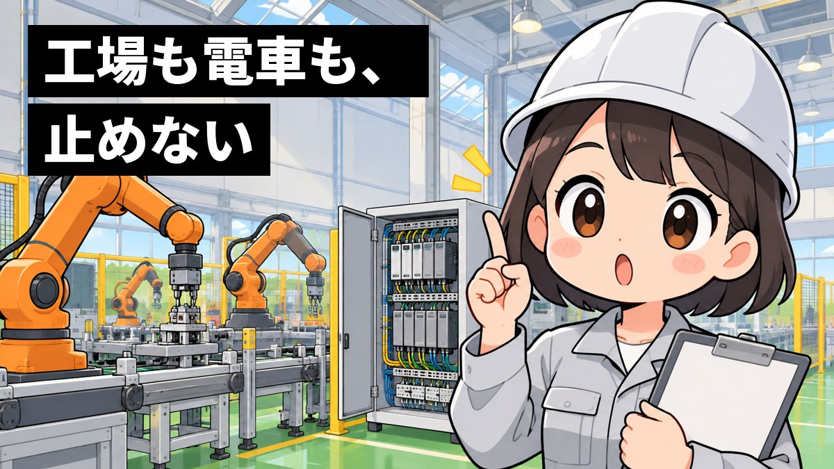 工場のロボットの腕と制御の機械が並ぶ生産ラインの前で、作業着にヘルメットの若い女性の技術者が、人さし指を立ててひらめいた顔をしている。「工場も電車も、止めない」の文字。