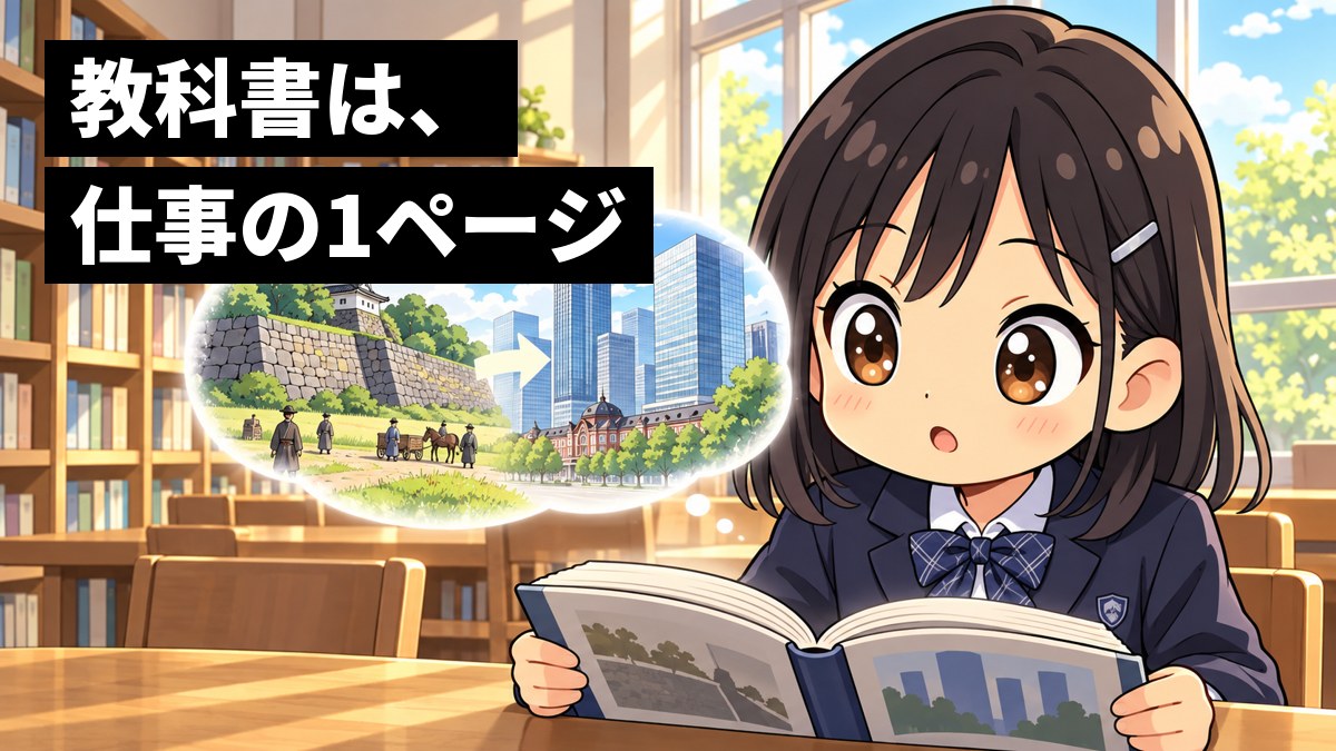 学校の図書室で、制服の中学生の女の子が、歴史の教科書に夢中になって目を輝かせて読みふけっている。開いたページから、明治の原っぱと今のビル街がつながる吹き出しが浮かんでいる。「教科書は、仕事の1ページ」の文字。