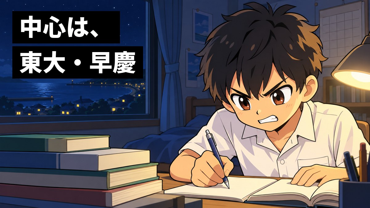 夜の自分の部屋の机で、白いシャツの男子高校生が、問題集とノートを前に、負けるもんかと歯を食いしばってペンを走らせている。窓の外は夜の町。「中心は、東大・早慶」の文字。